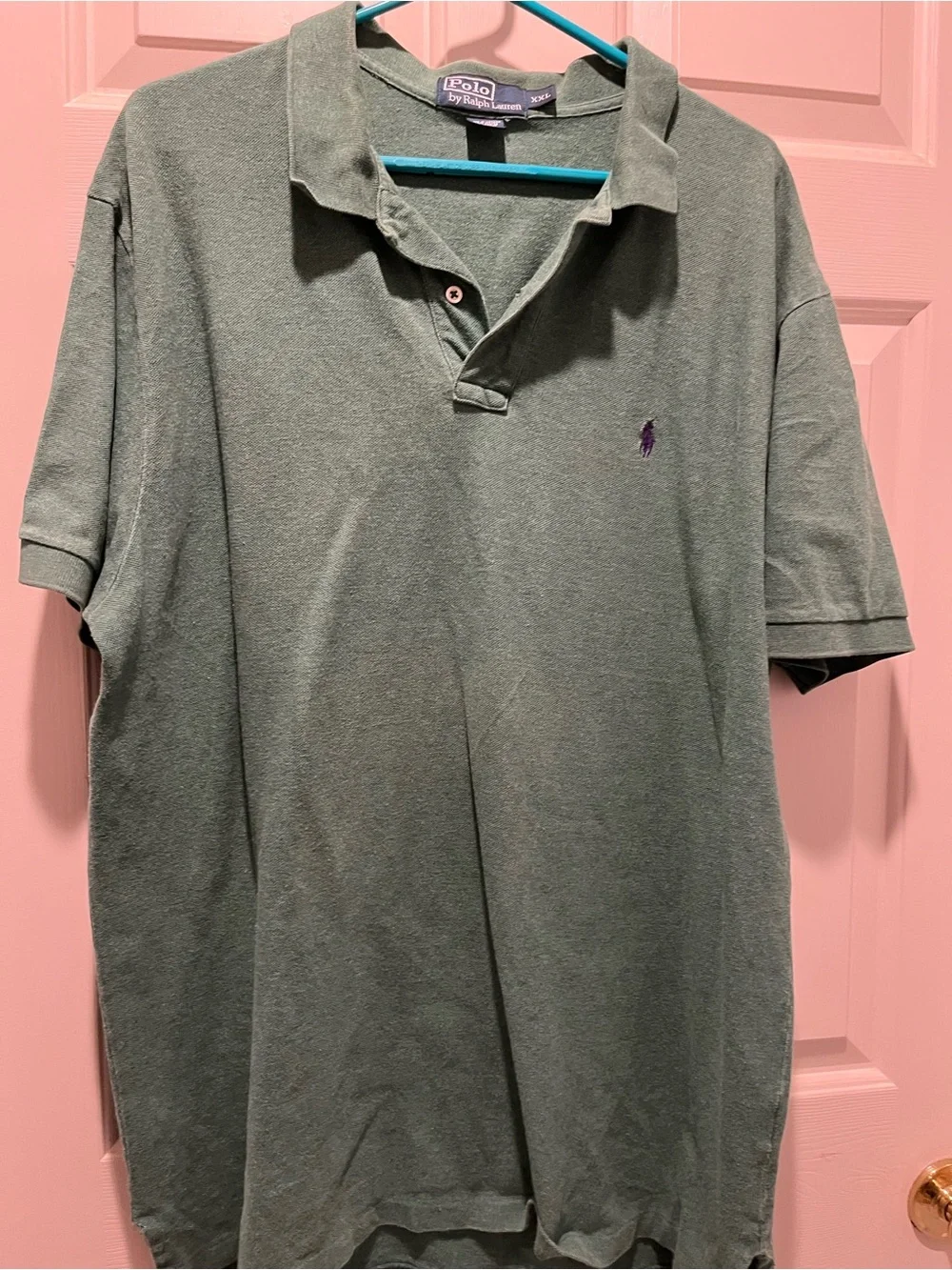 Ralph Lauren Men's Polo Shirt in Sage Green with Purple Logo
